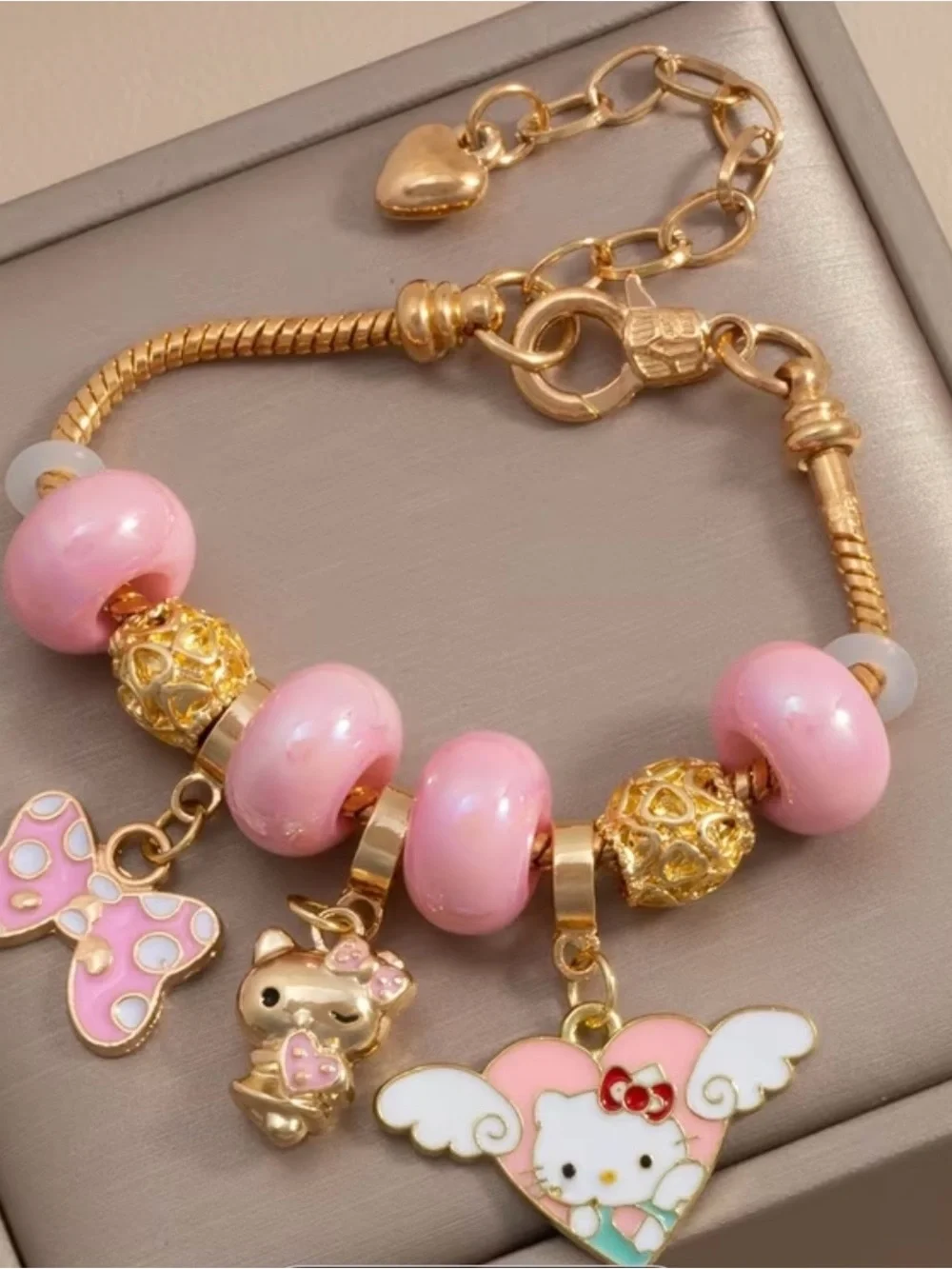 Hello Kitty Pink and Gold Charm Bracelet with Enamel Charms
